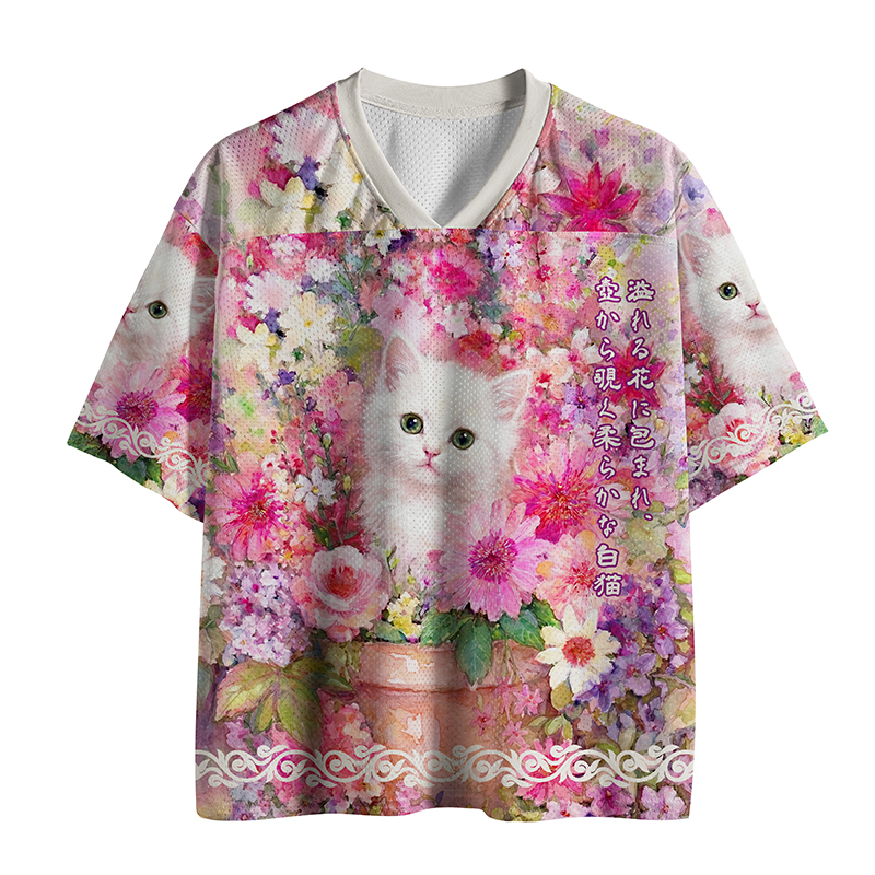Tokyo-Tiger White Cat And Blooms Mesh Jersey