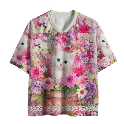 Tokyo-Tiger White Cat And Blooms Mesh Jersey