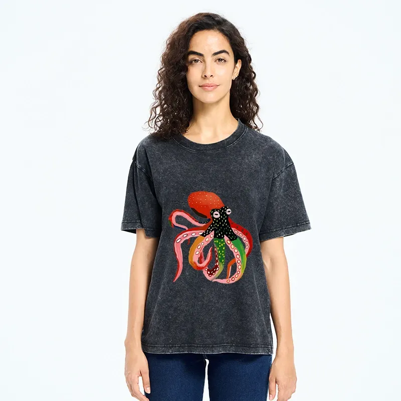 Tokyo‑Tiger Colorful Octopus Art Washed T‑shirt