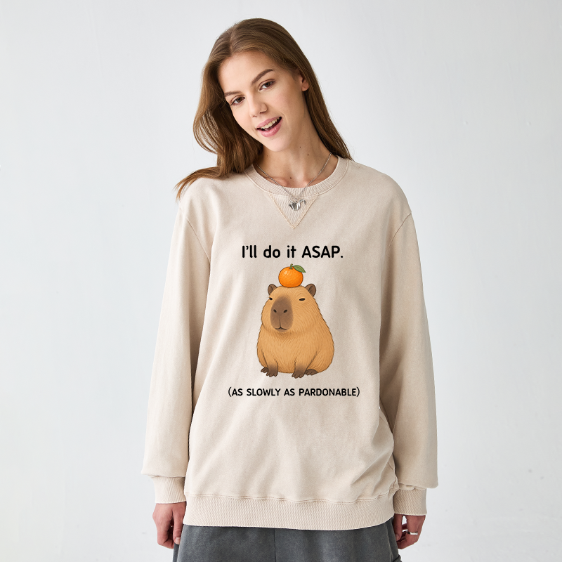 Tokyo-Tiger Slow Task Capybara Meme Washed Terry Sweatshirt