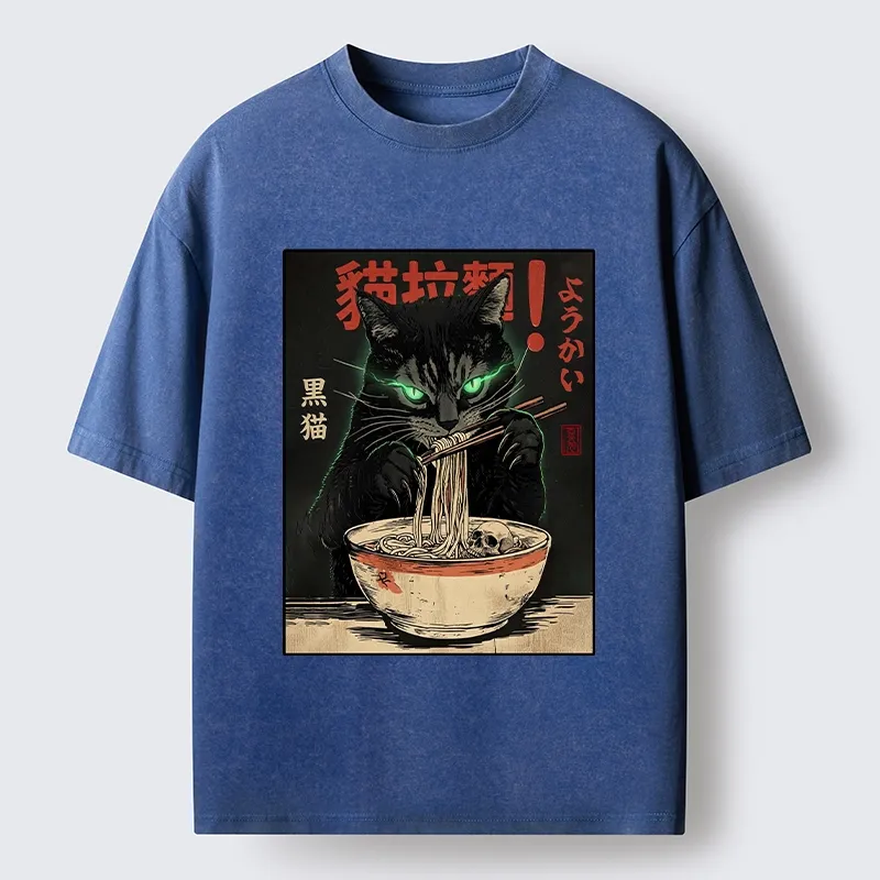 Tokyo‑Tiger Black Cat Ramen Feast Washed T‑Shirt
