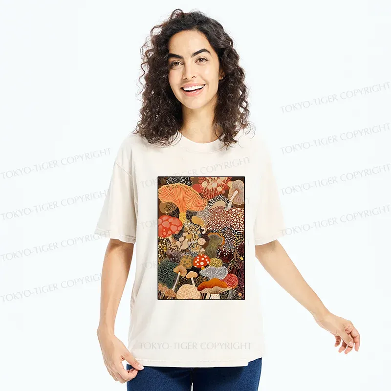 Tokyo-Tiger Psychedelic Mushroom Paintings Washed T-Shirt