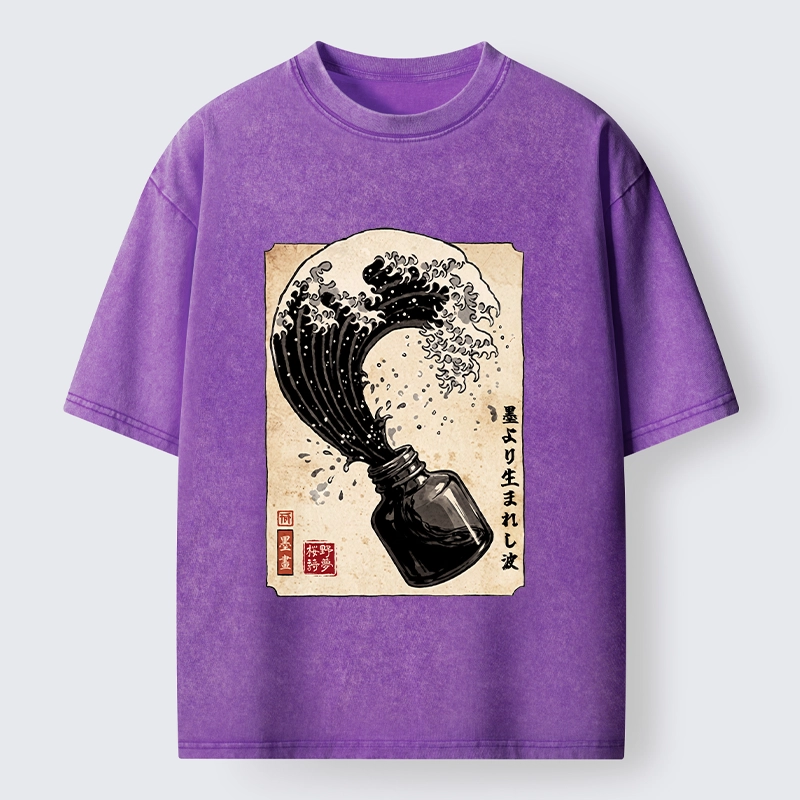Tokyo‑Tiger Ink Wave Bottle Art Washed T‑Shirt
