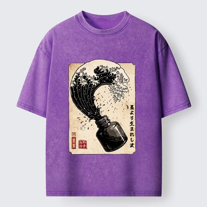 Tokyo‑Tiger Ink Wave Bottle Art Washed T‑Shirt