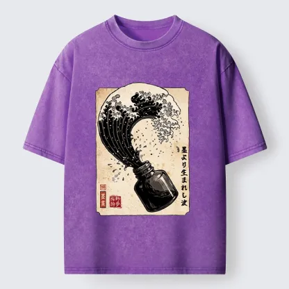 Tokyo‑Tiger Ink Wave Bottle Art Washed T‑Shirt