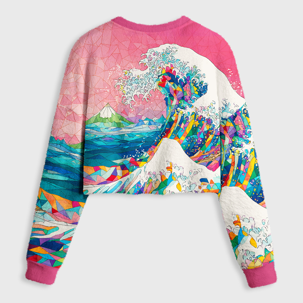 Tokyo-Tiger Colorful Prismatic Wave Women's Fuzzy Cropped Sweatshirt