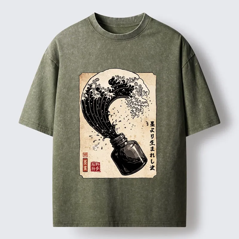 Tokyo‑Tiger Ink Wave Bottle Art Washed T‑Shirt