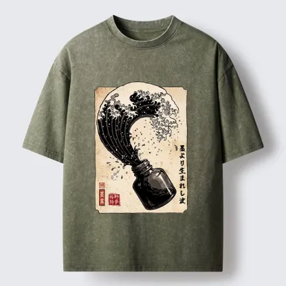 Tokyo‑Tiger Ink Wave Bottle Art Washed T‑Shirt