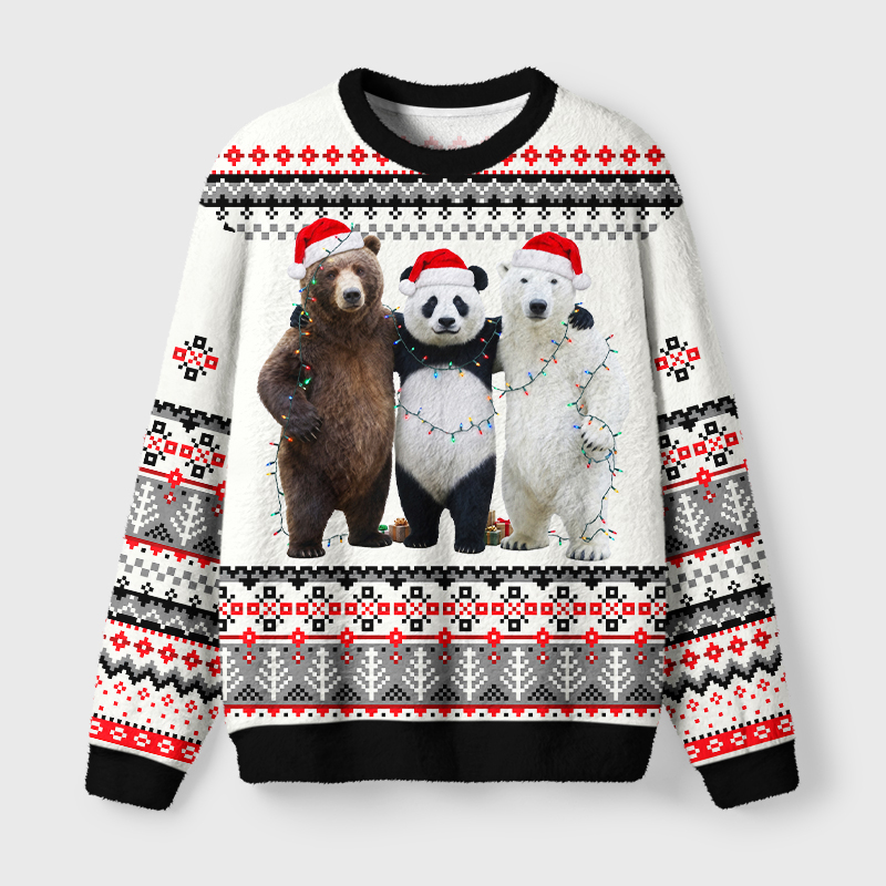Tokyo-Tiger Three Bears Stand Together Fuzzy Christmas Ugly Sweatshirt