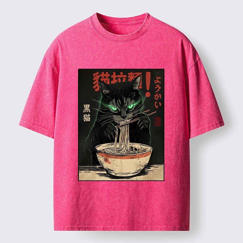 Tokyo‑Tiger Black Cat Ramen Feast Washed T‑Shirt