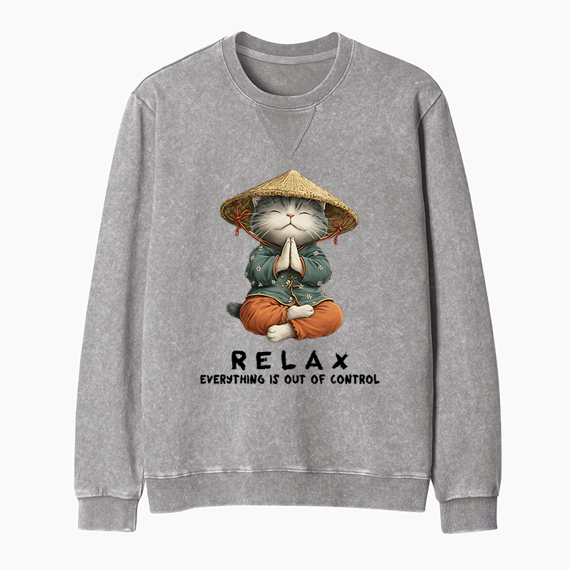 Tokyo-Tiger Zen Relax Cat Graphic Washed Terry Sweatshirt