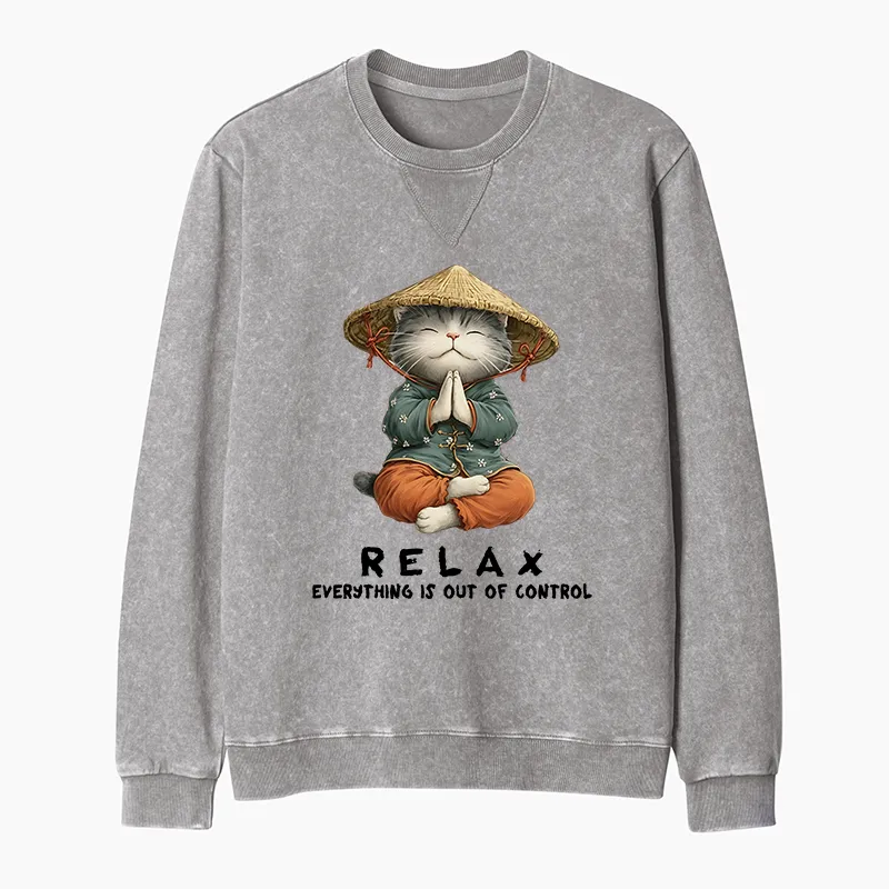 Tokyo-Tiger Zen Relax Cat Graphic Washed Terry Sweatshirt