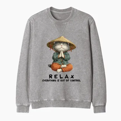 Tokyo-Tiger Zen Relax Cat Graphic Washed Terry Sweatshirt