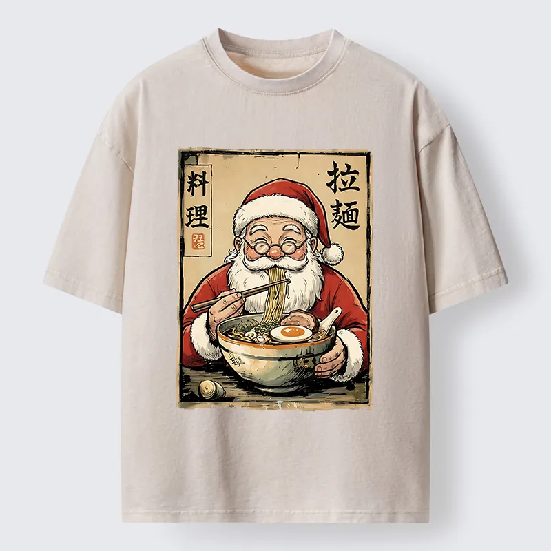 Tokyo-Tiger Santa Eating Ramen Meme Washed T-Shirt
