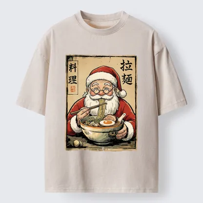 Tokyo-Tiger Santa Eating Ramen Meme Washed T-Shirt