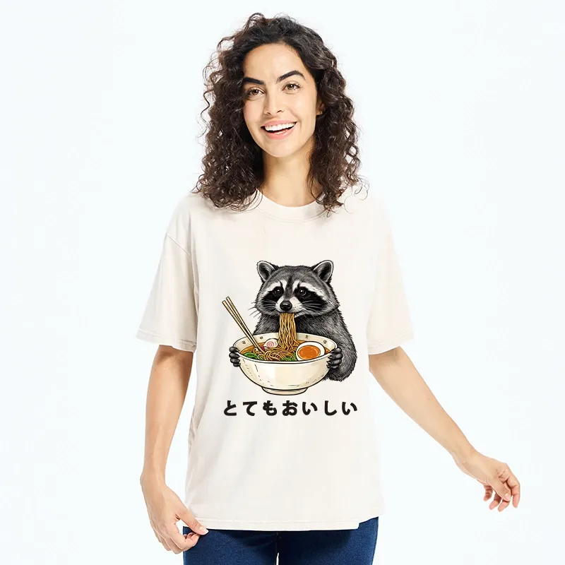 Tokyo-Tiger Raccoon Eating A Big Bowl Of Ramen Washed T-Shirt