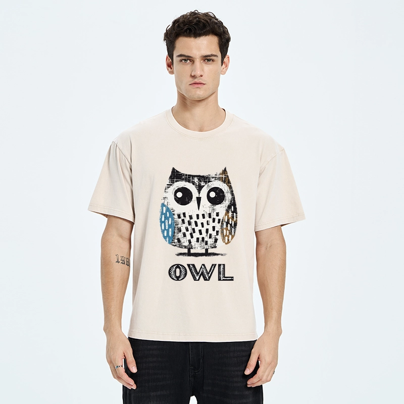 Tokyo-Tiger Minimalist Owl Illustration Print Washed T-Shirt