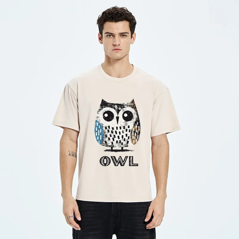 Tokyo-Tiger Minimalist Owl Illustration Print Washed T-Shirt