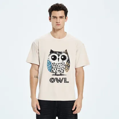 Tokyo-Tiger Minimalist Owl Illustration Print Washed T-Shirt