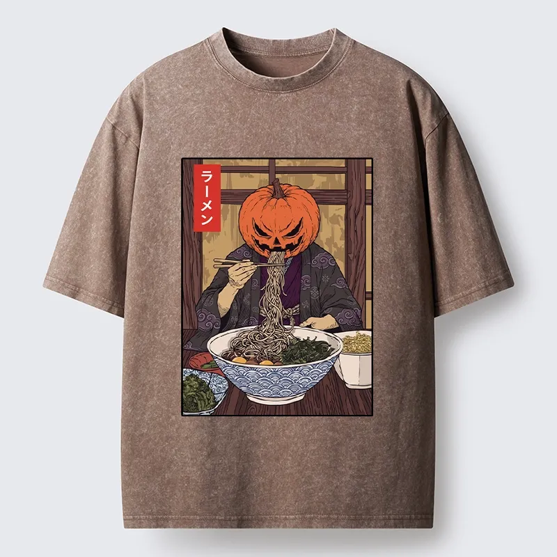 Tokyo‑Tiger Pumpkin Ramen Meme Washed T‑Shirt