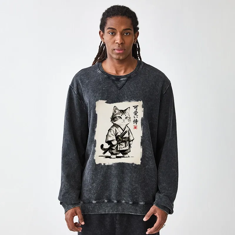 Tokyo-Tiger Japanese Samurai Cat Illustration Washed Terry Sweatshirt