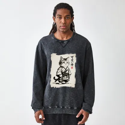 Tokyo-Tiger Japanese Samurai Cat Illustration Washed Terry Sweatshirt