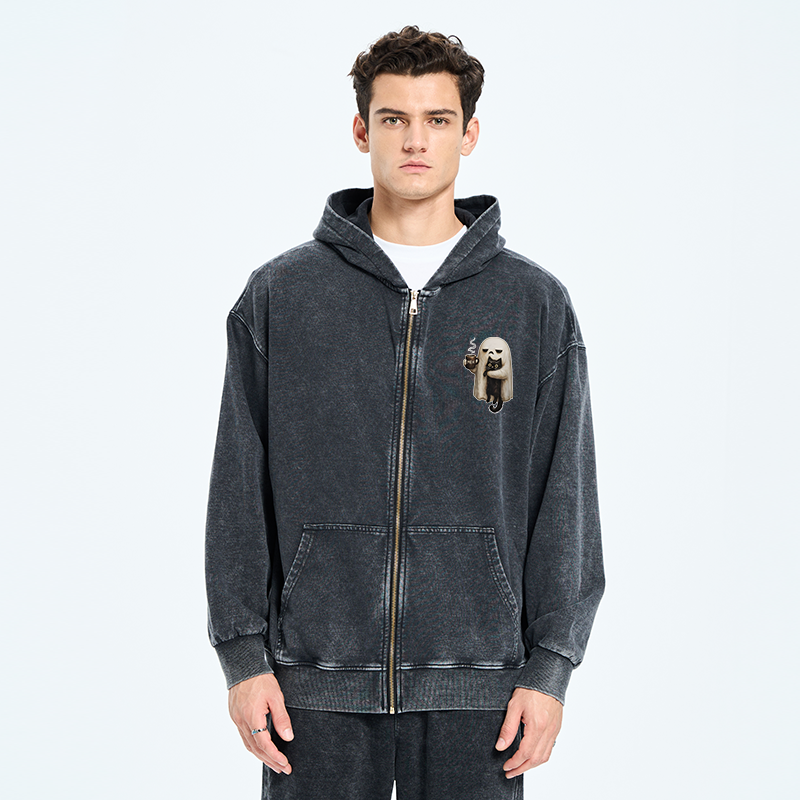 Tokyo-Tiger Ghost Cat Coffee Mood Washed Zip Hoodie