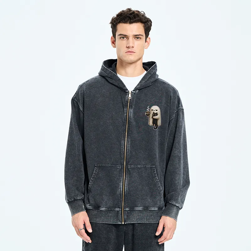 Tokyo-Tiger Ghost Cat Coffee Mood Washed Zip Hoodie