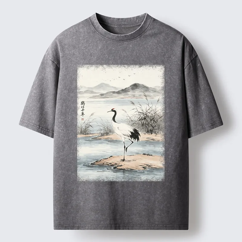 Tokyo-Tiger Serene Oriental Crane Art Washed T-Shirt