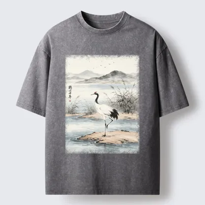 Tokyo-Tiger Serene Oriental Crane Art Washed T-Shirt