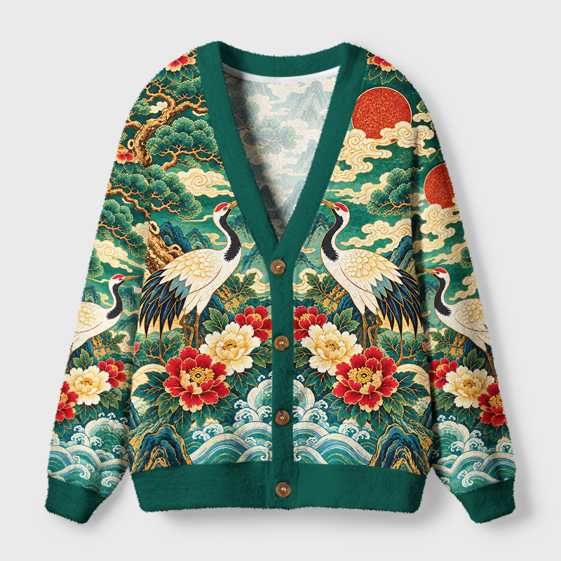 Tokyo-Tiger Vintage Oriental Red-crowned Crane Peony Ugly Cardigan Sweater