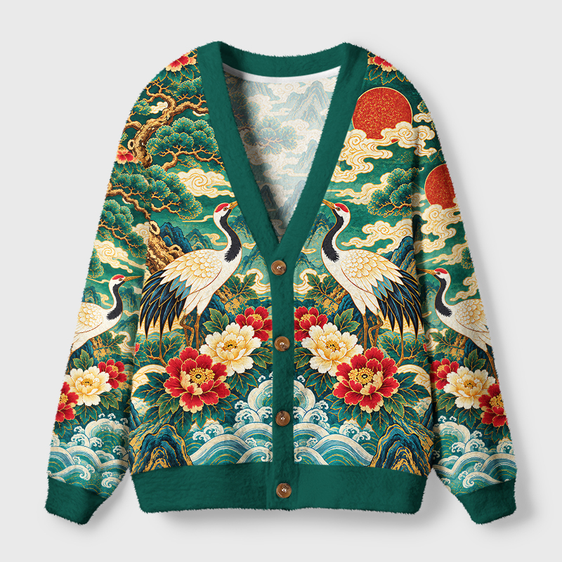 Tokyo-Tiger Vintage Oriental Red-crowned Crane Peony Ugly Cardigan Sweater