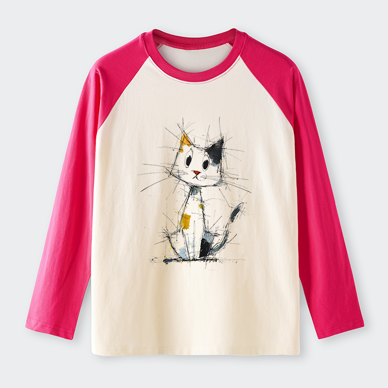 Tokyo-Tiger Minimal Splash Ink Cute Cat Raglan Long Sleeve T-shirt