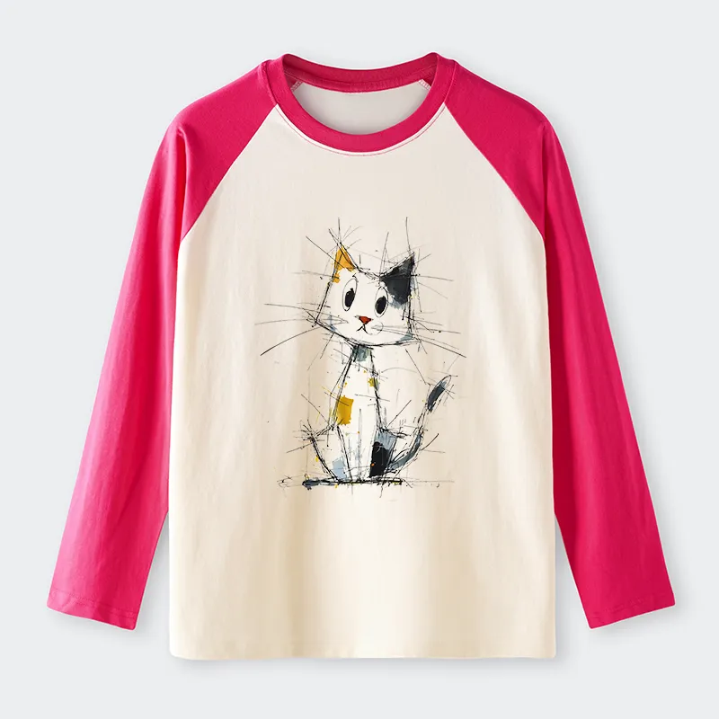 Tokyo-Tiger Minimal Splash Ink Cute Cat Raglan Long Sleeve T-shirt