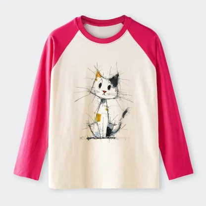 Tokyo-Tiger Minimal Splash Ink Cute Cat Raglan Long Sleeve T-shirt