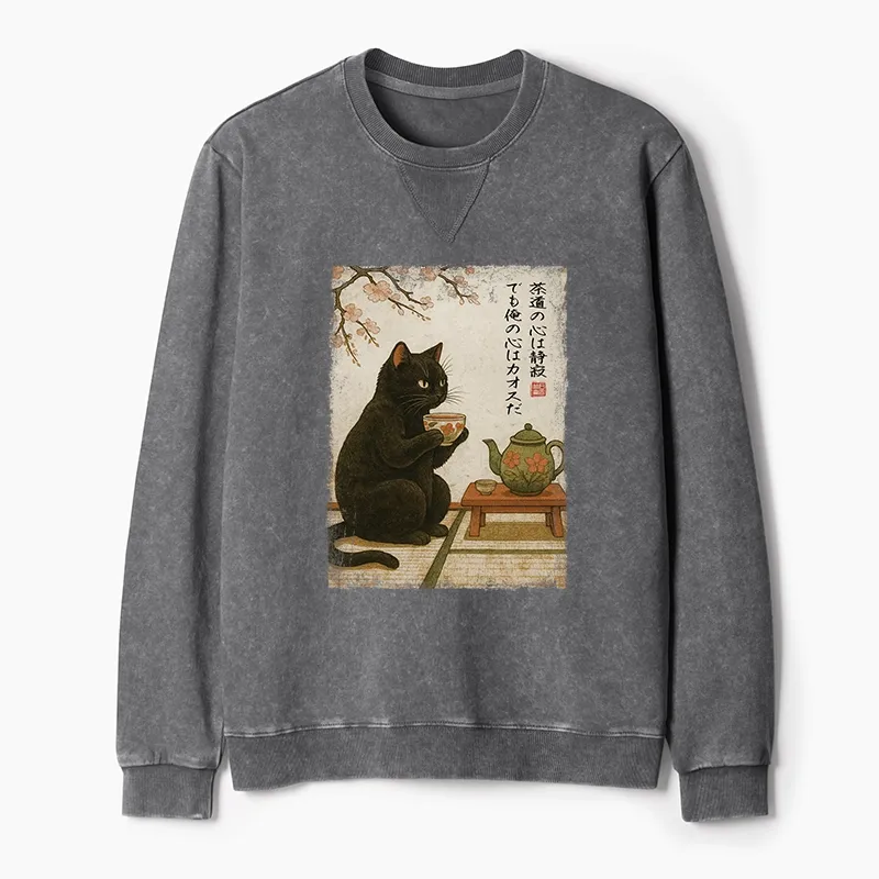 Tokyo-Tiger Tea Time With A Black Cat Washed Terry Sweatshirt