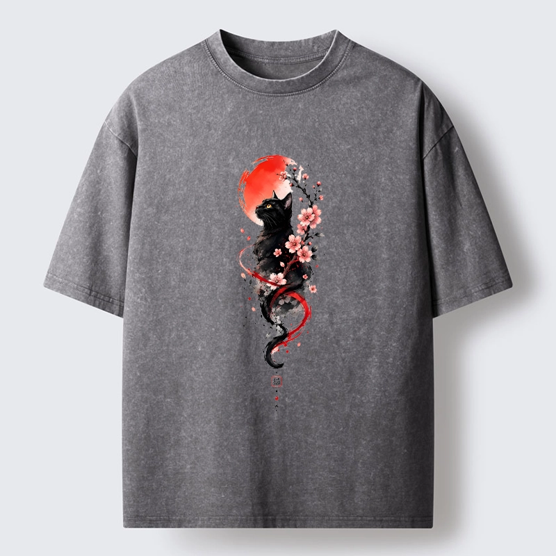 Tokyo‑Tiger Sakura Black Cat Art Washed T‑Shirt