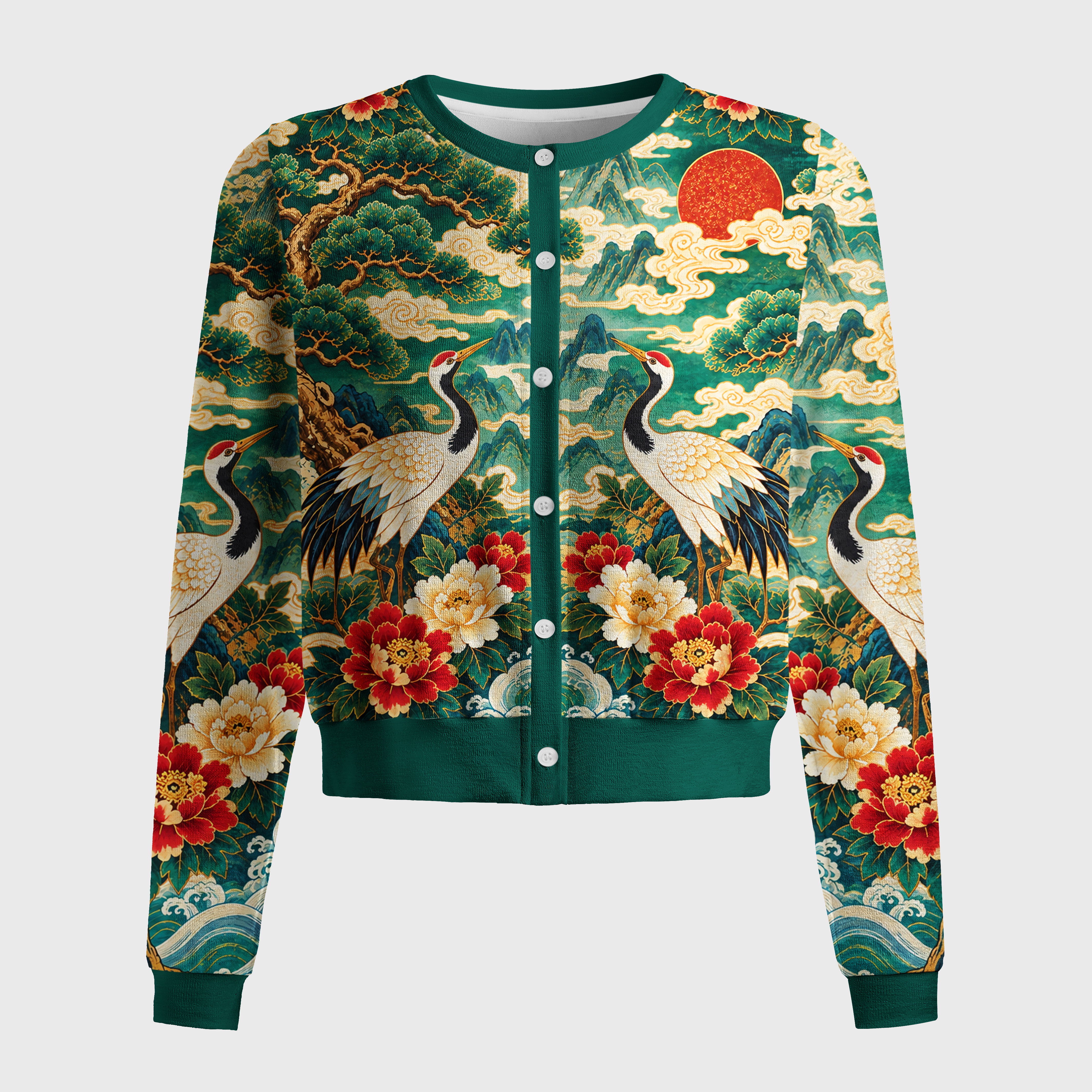Tokyo-Tiger Vintage Oriental Red-crowned Crane Peony Women's Lightweight Cardigan