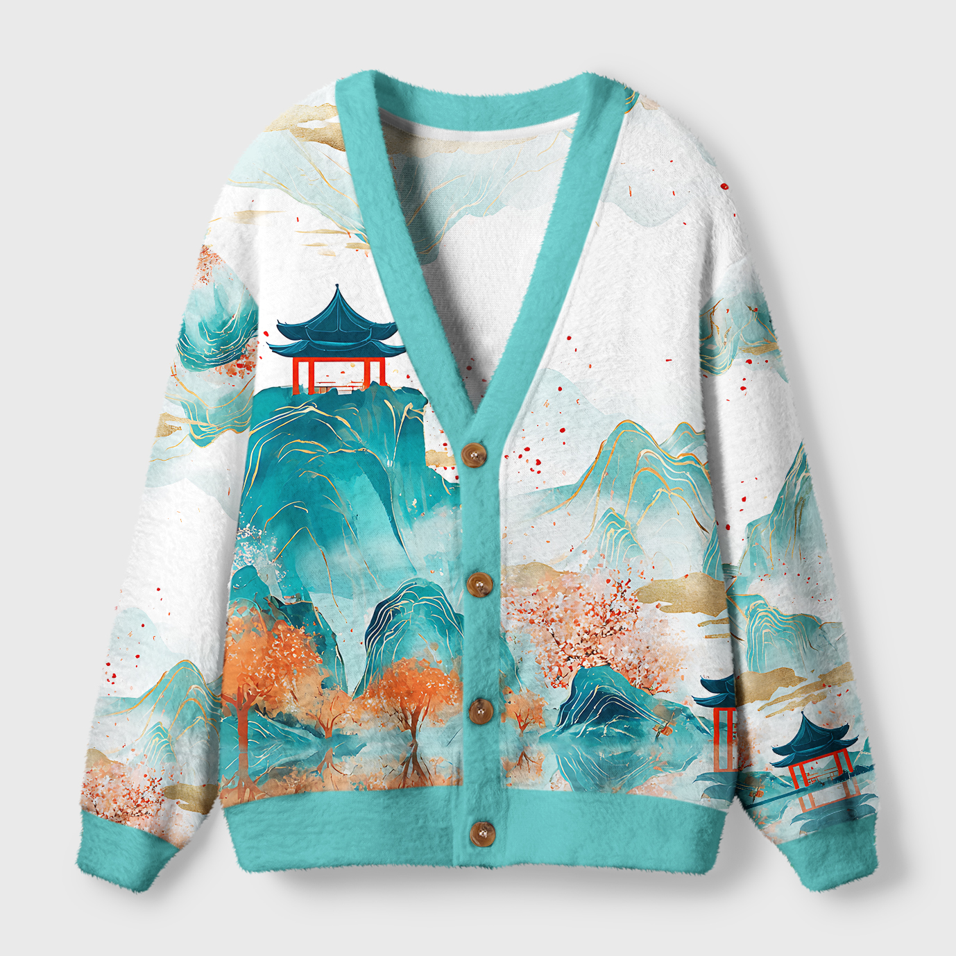 Tokyo-Tiger Serene Chinese Mountain Landscape Ugly Cardigan Sweater