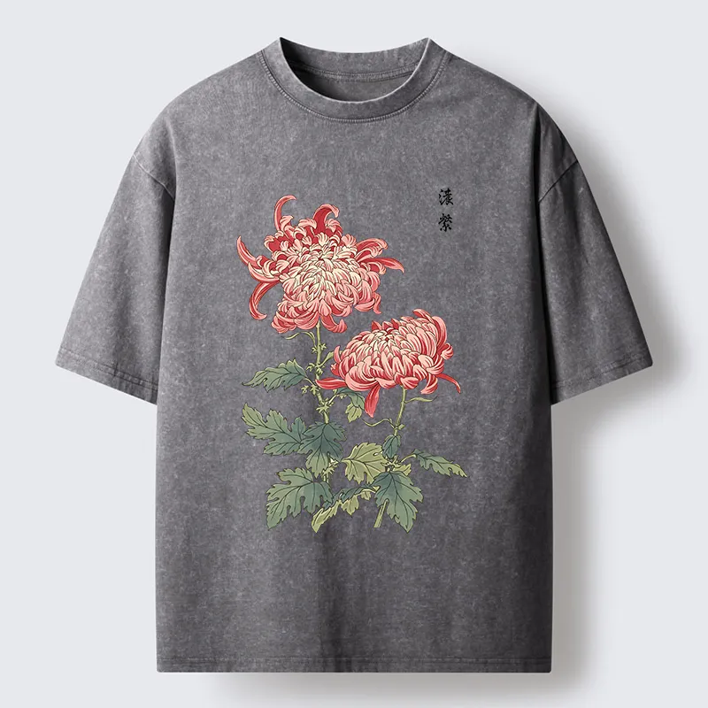 Tokyo-Tiger Vintage Red Chrysanthemum Flower Washed T-Shirt
