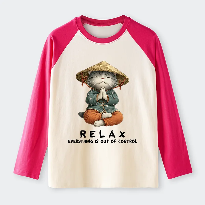 Tokyo-Tiger Zen Relax Cat Graphic Raglan Long Sleeve T-shirt