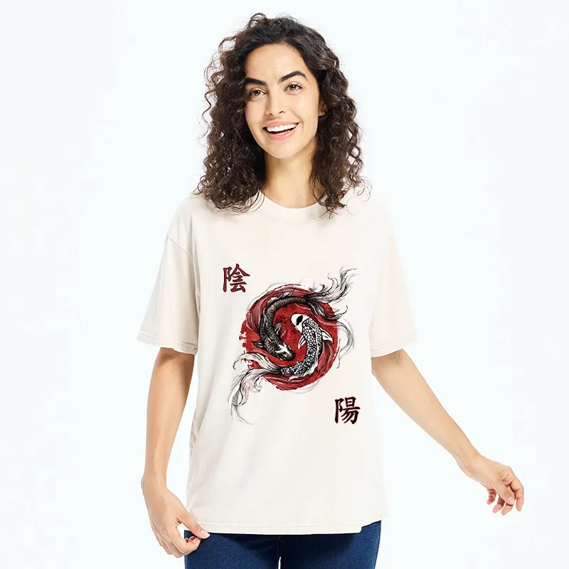 Tokyo-Tiger Red Ink Twin Koi Fish Harmony Washed T-Shirt