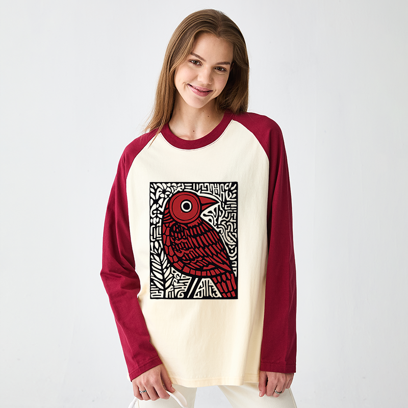 Tokyo-Tiger Retro Woodblock Bird Raglan Long Sleeve T-shirt