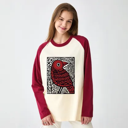 Tokyo-Tiger Retro Woodblock Bird Raglan Long Sleeve T-shirt