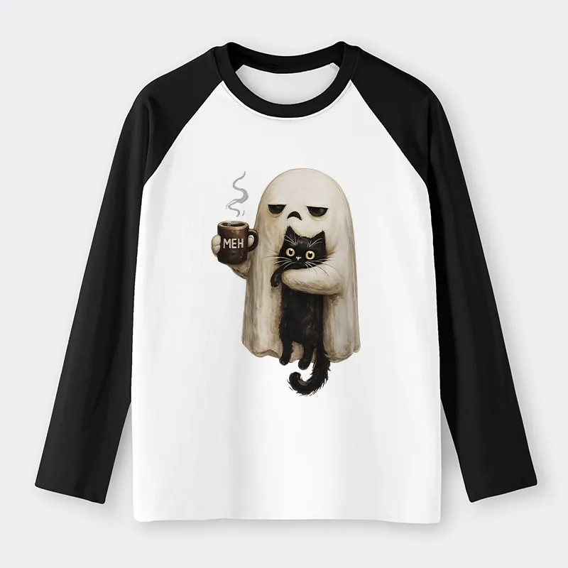 Tokyo-Tiger Ghost Cat Coffee Mood Raglan Long Sleeve T-shirt