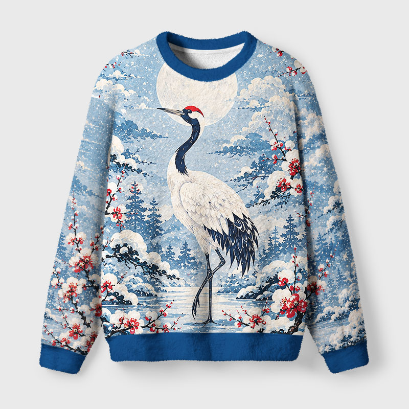 Tokyo-Tiger Vintage Winter Crane Fuzzy Christmas Ugly Sweatshirt