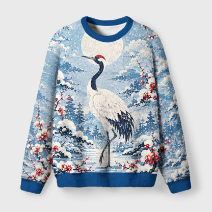 Tokyo-Tiger Vintage Winter Crane Fuzzy Christmas Ugly Sweatshirt