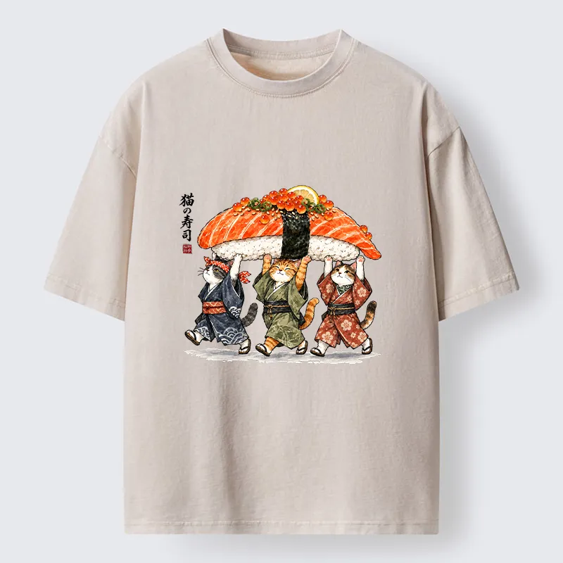 Tokyo-Tiger Funny Sushi Cat Crew Washed T-Shirt