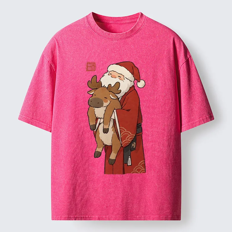 Tokyo‑Tiger Kimono Santa Hug Moose Washed T‑Shirt