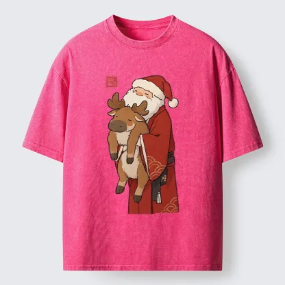 Tokyo‑Tiger Kimono Santa Hug Moose Washed T‑Shirt